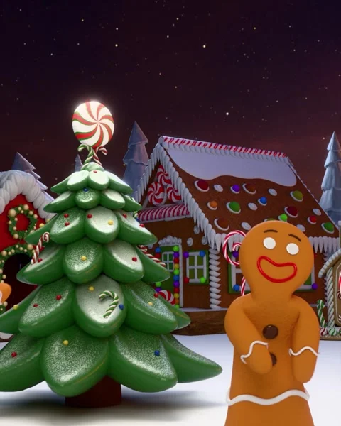 Dancing gingerbread men in a christmas candy village at night Stock-Footage 318787541