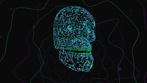 Dancing green and blue skull in 3d Stock Footage 234314586