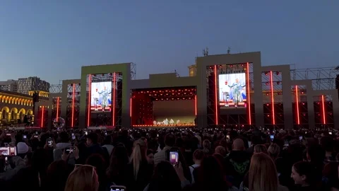 Dancing group of dancers crew on stage at night performance live concert music Stock Footage 338316408