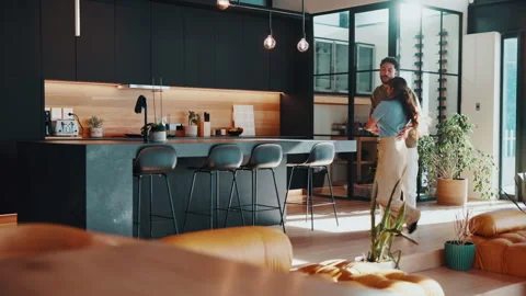 Dancing, happy and couple in kitchen at house for bonding, connection or Stock Footage 344292850