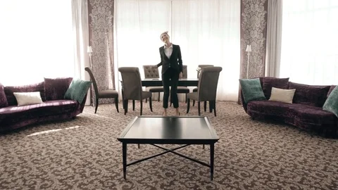 Dancing Happy successful business woman in modern loft workplace. Businesswoman Stock Footage