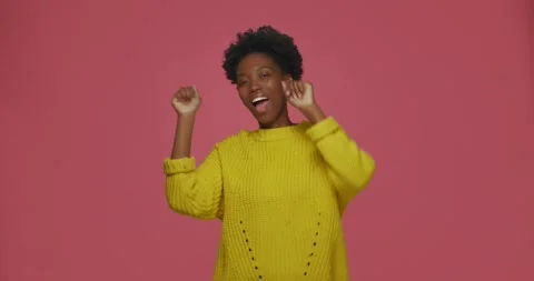 Dancing happy young african american woman dance, celebrating success, having Stock Footage