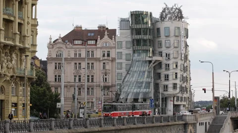 Dancing House Ginger Fred Deconstructivism Modern Building Prague Busy Street Stock Footage 42790086