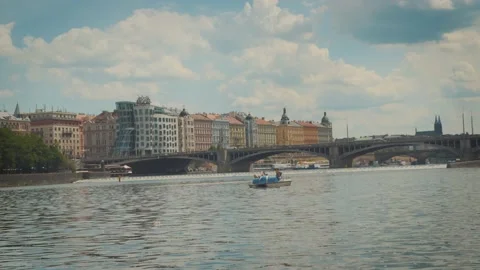 Dancing House Prague seen from Vltava River 4k Color Graded Cinematic Stock Footage 131874603