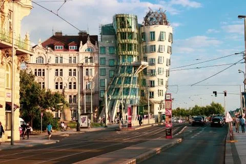 Dancing House. Wide angle shot of Dancing House from distance Stock Photos