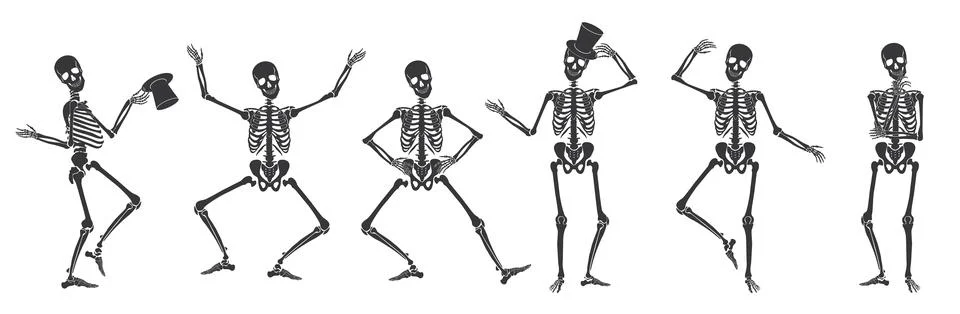 Dancing Human bones skeletons. Different skeleton poses set isolated Stock-Illustration