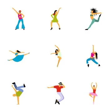 Dancing icons set, flat style Stock Illustration
