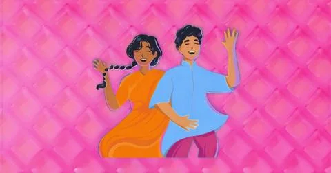 Dancing Indian man in tunic and woman in orange sari raising hands on pink di Illustrazione stock
