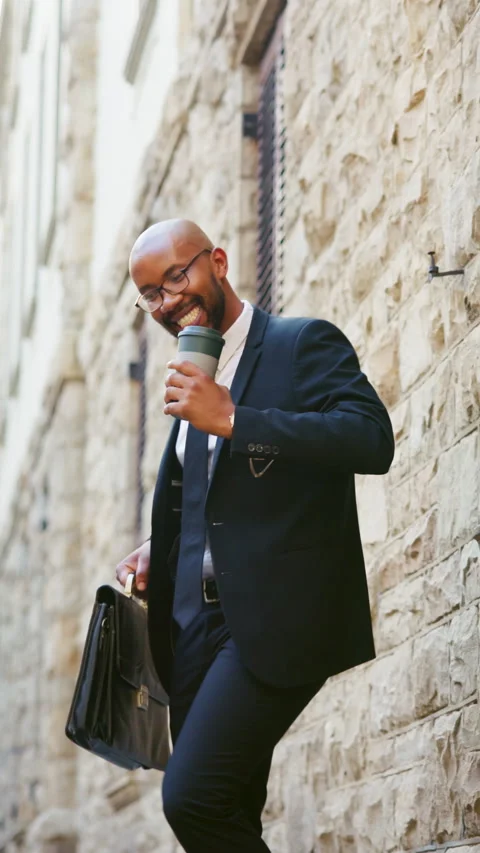 Dancing, lawyer and black man in city with coffee to celebrate court case Stock Footage 333697756