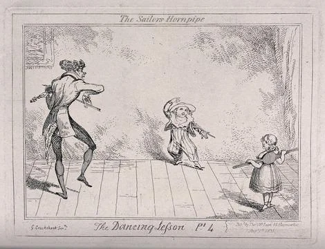 A dancing lesson: a boy in a sailor suit dances the hornpipe as the teacher.. Illustrazione stock