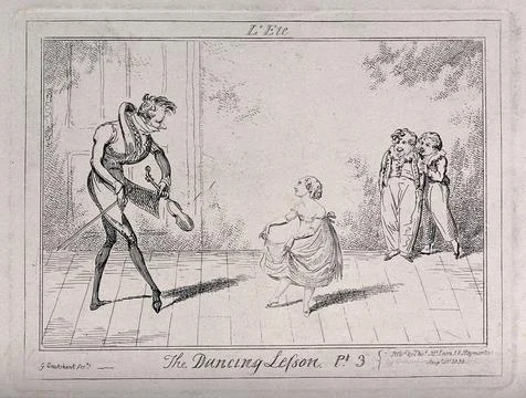 A dancing lesson: two boys stand laughing in the background as the teacher .. Stock Illustration
