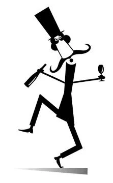 Dancing long mustache man with bottle of wine and footed illustration Stock Illustration