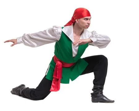 Dancing man wearing a pirate costume, isolated on white in full length Foto stock
