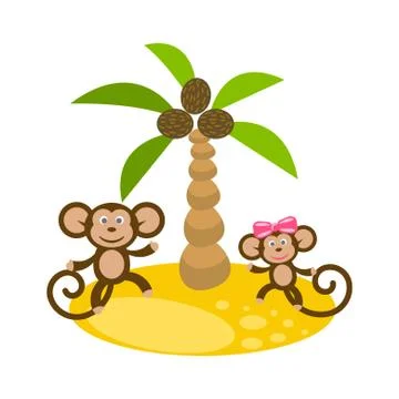 Dancing monkey couple near coconut palm tree clip art 스톡 일러스트