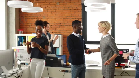 Dancing office workers celebrating the victory of their company. Stock Footage 88185230
