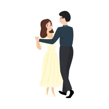 Dancing pair of brunette elegant man and girl in a long yellow dress. Vector Stock Illustration