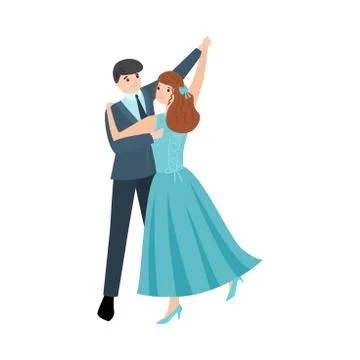 Dancing pair of man in elegant costume and girl in a long blue dress. Vector Stock Illustration