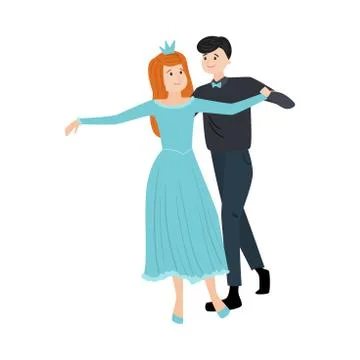 Dancing pair of man in elegant costume and girl with the diadem in a long blue Stock Illustration