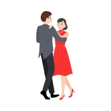 Dancing pair of man in elegant costume and girl in a red dress. Vector Stock Illustration