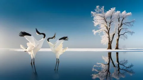 Dancing pair of Red-crowned crane with open wing in flight, with snow storm.. Stock Photos