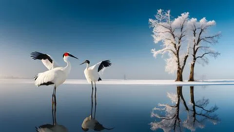 Dancing pair of Red-crowned crane with open wing in flight, with snow storm.. Stock Photos