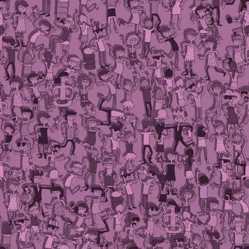Dancing party seamless pattern with doodled youngsters having fun. Illustrati Stock Illustration