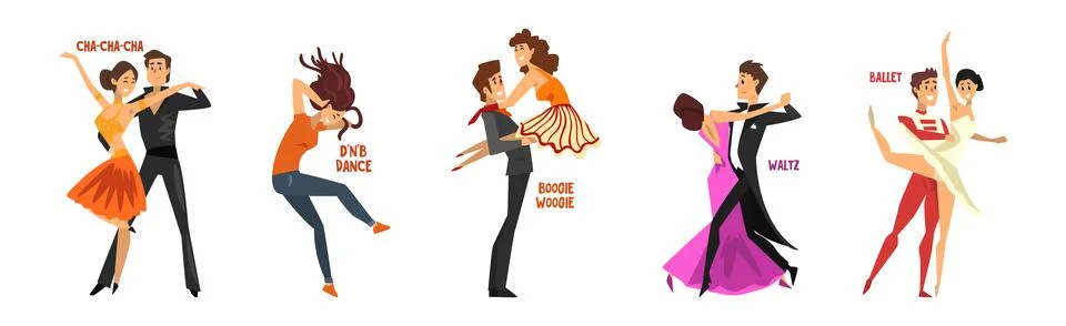 Dancing People Character Performing Different Dance Vector Set Stock Illustration