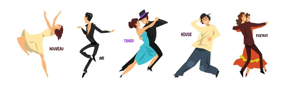 Dancing People Character Performing Different Dance Vector Set Stock Illustration