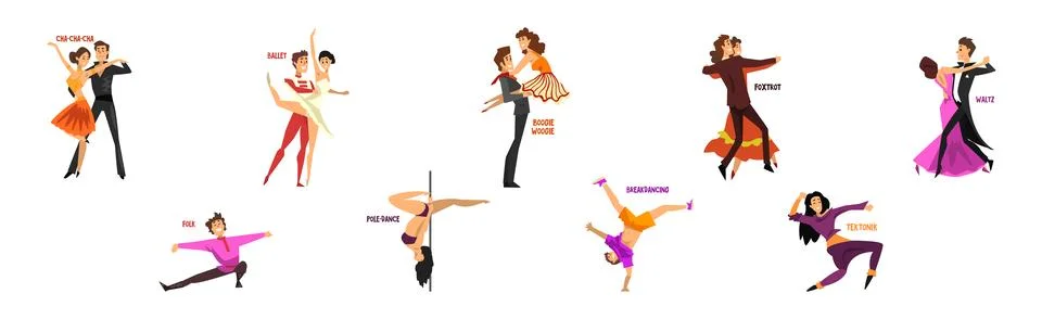 Dancing People Character Performing Different Dance Vector Set Stock Illustration