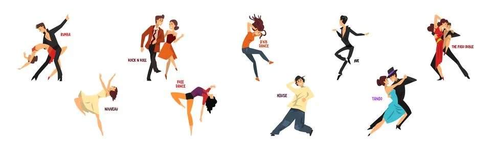 Dancing People Character Performing Different Dance Vector Set Stock Illustration