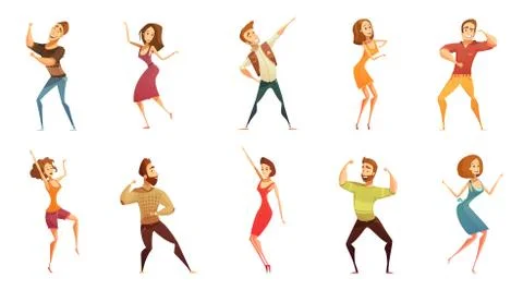 Dancing People Funny Cartoon Icons Set Stock Illustration