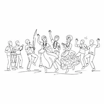 Dancing people line art illustration, cultural festival, traditional clothing Stock Illustration