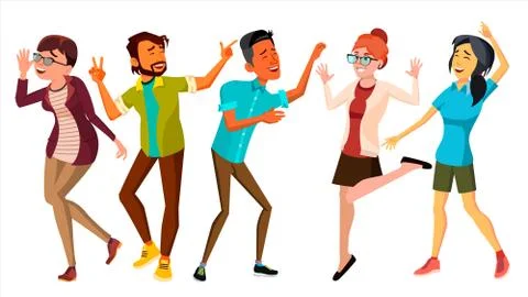 Dancing People Set Vector. Smiling And Have Fun. Free Movement Poses. Isolated 스톡 일러스트