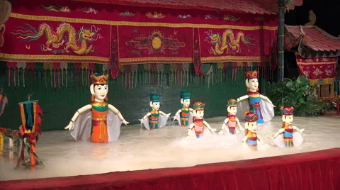 Dancing princess figures, water puppet show, culture, tradition, Vietnam, Asia Stock Footage