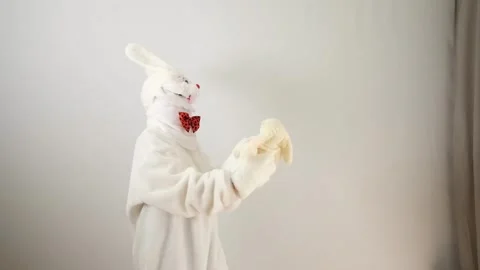Dancing rabbit. A man in a white rabbit costume. Stock Footage 240865193