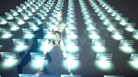 Dancing robot chat bot happy with pc computer programming in background ai t Stock Footage 246677826