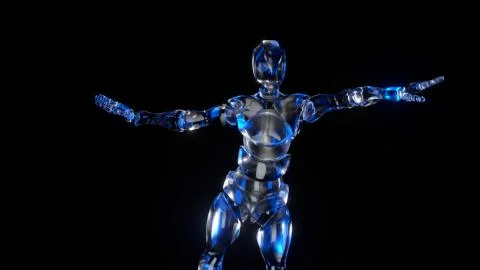 Dancing robot made of glass on a black isolated background. 3d illustration Stock Illustration