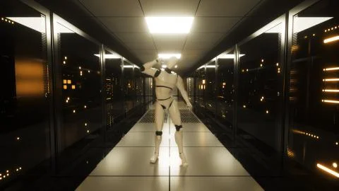 Dancing robot in the server room. Data servers behind glass panels in the ser Stock Illustration