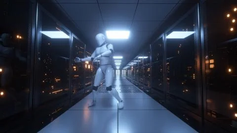 Dancing robot in the server room. Data servers behind glass panels in the ser Illustrazione stock