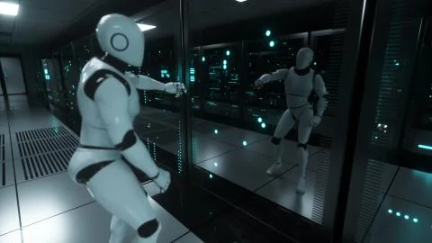 The dancing robot in the server room looks at itself in reflection. Data serv 스톡 일러스트