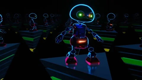 Dancing robots on flying pyramids. Stock Footage 163664519