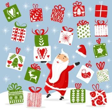 Dancing Santa and a stack of gifts, many gifts falling from the sky. Happy Santa Stock Illustration