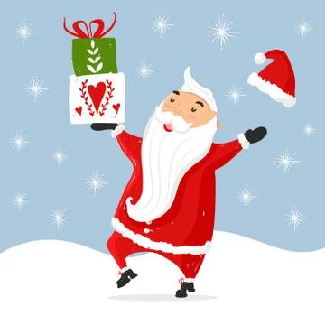 Dancing Santa and a stack of gifts, many gifts falling from the sky. Happy Santa Stock Illustration