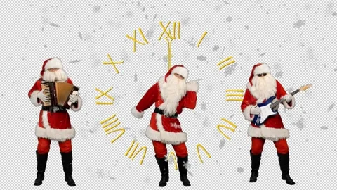 Dancing Santa Clauses on background of clock showing midnight, Alpha in Stock Footage 227727449
