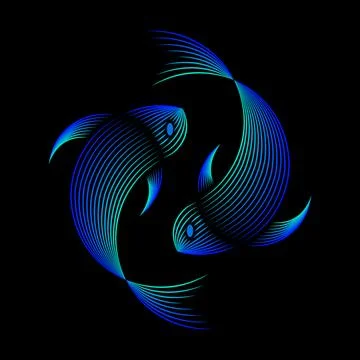 Dancing in Shadows - Dual Blue Fish in Black Background Linocut Vector Design Stock Illustration
