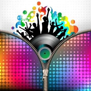 Dancing silhouettes with vinyl record covered by zipper Stock Illustration