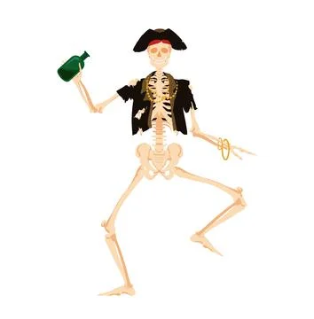 Dancing skeleton pirate with bottle. Dead corsair in decayed clothes happily Stock Illustration
