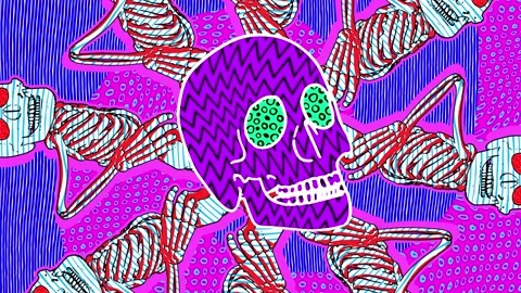 Dancing skeletons and skull in comic style, fluorescent textures and patterns. Stockbeeldmateriaal 141929523