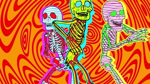 Dancing skeletons in comic style, fluorescent textures and patterns. Halloween Stockbeeldmateriaal 141929503