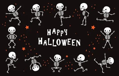 Dancing skeletons. Funny white human bones in dance. Halloween vector black Stock Illustration